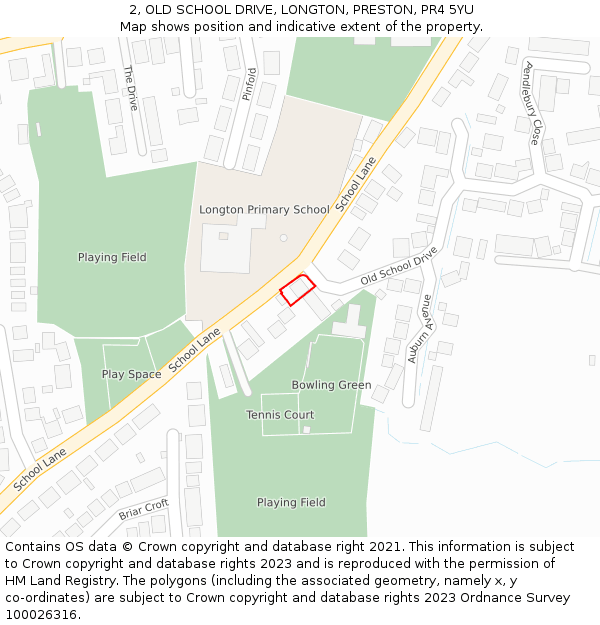2, OLD SCHOOL DRIVE, LONGTON, PRESTON, PR4 5YU: Location map and indicative extent of plot