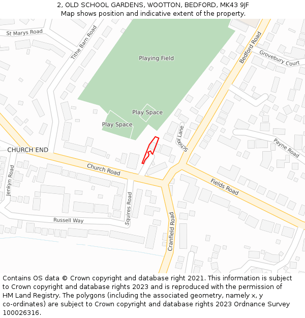 2, OLD SCHOOL GARDENS, WOOTTON, BEDFORD, MK43 9JF: Location map and indicative extent of plot