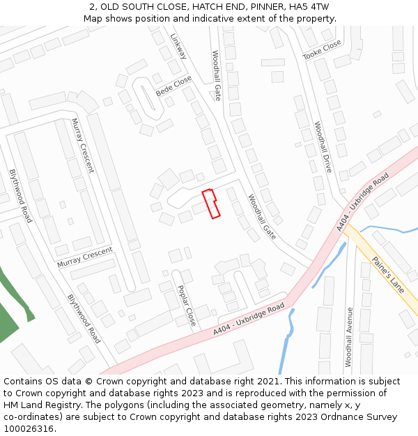 2, OLD SOUTH CLOSE, HATCH END, PINNER, HA5 4TW: Location map and indicative extent of plot