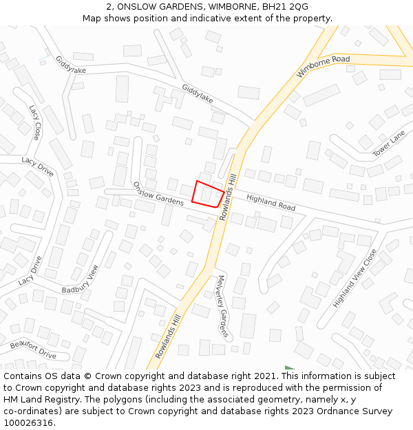 2, ONSLOW GARDENS, WIMBORNE, BH21 2QG: Location map and indicative extent of plot