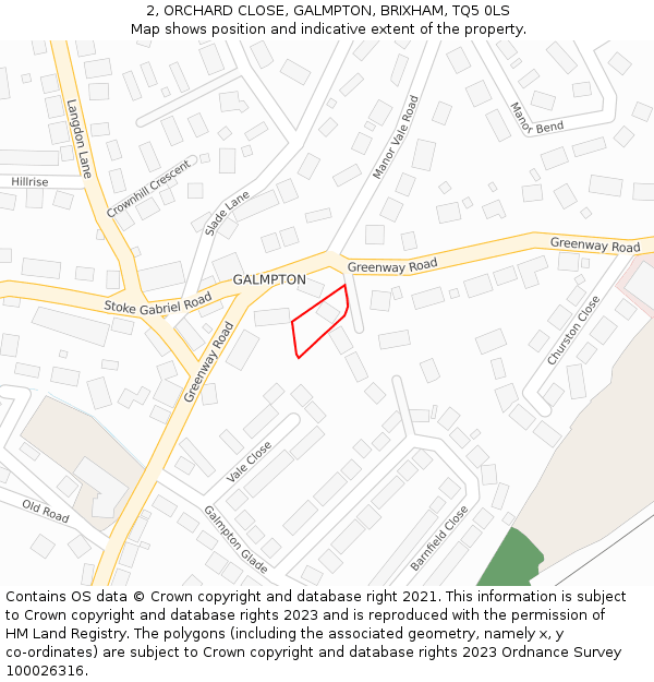 2, ORCHARD CLOSE, GALMPTON, BRIXHAM, TQ5 0LS: Location map and indicative extent of plot