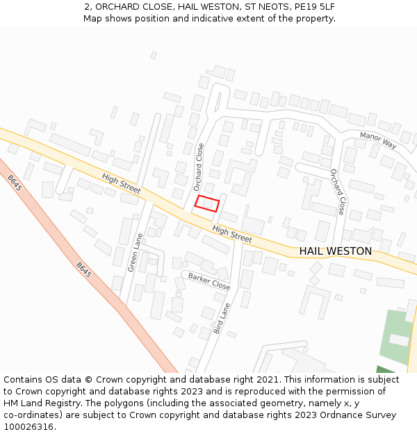 2, ORCHARD CLOSE, HAIL WESTON, ST NEOTS, PE19 5LF: Location map and indicative extent of plot