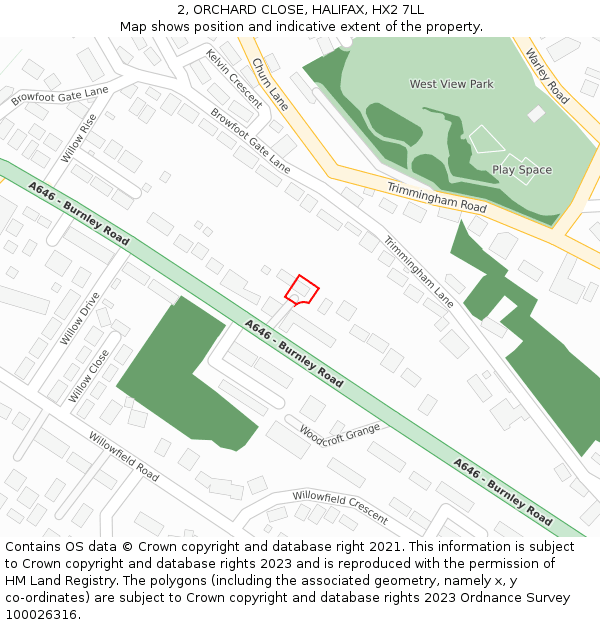 2, ORCHARD CLOSE, HALIFAX, HX2 7LL: Location map and indicative extent of plot