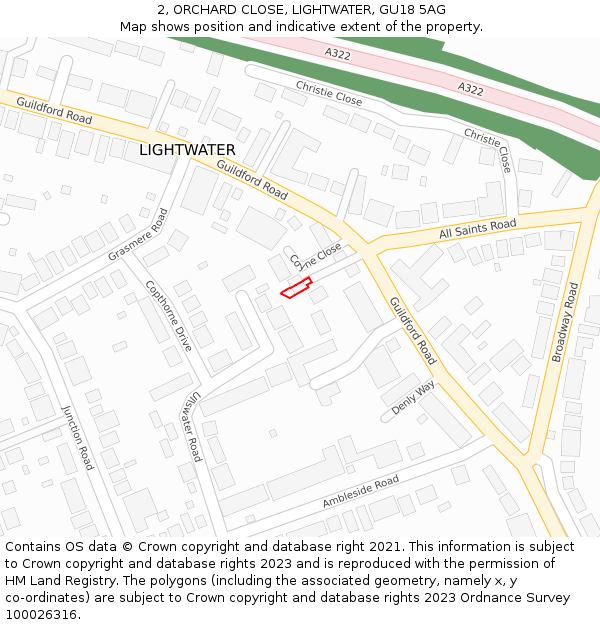 2, ORCHARD CLOSE, LIGHTWATER, GU18 5AG: Location map and indicative extent of plot