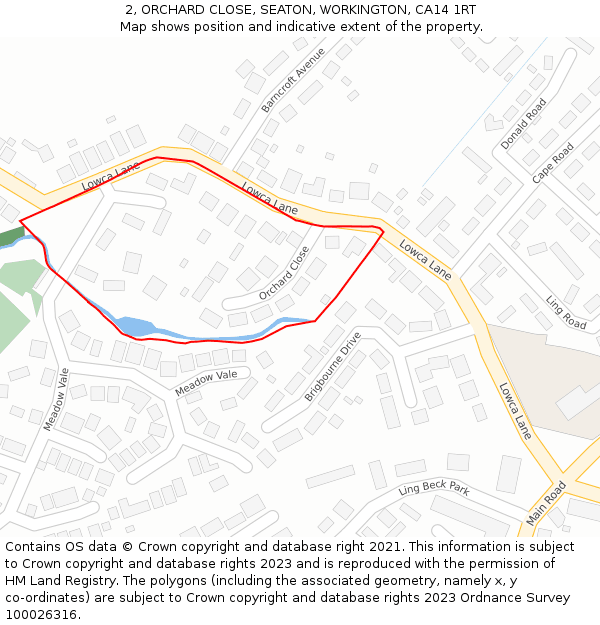 2, ORCHARD CLOSE, SEATON, WORKINGTON, CA14 1RT: Location map and indicative extent of plot