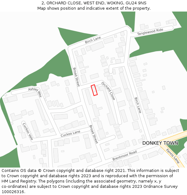 2, ORCHARD CLOSE, WEST END, WOKING, GU24 9NS: Location map and indicative extent of plot