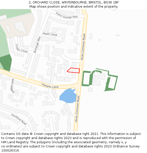 2, ORCHARD CLOSE, WINTERBOURNE, BRISTOL, BS36 1BF: Location map and indicative extent of plot