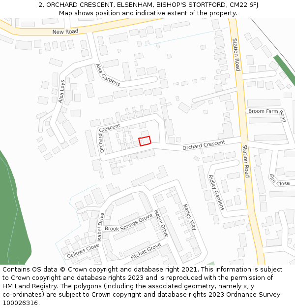 2, ORCHARD CRESCENT, ELSENHAM, BISHOP'S STORTFORD, CM22 6FJ: Location map and indicative extent of plot