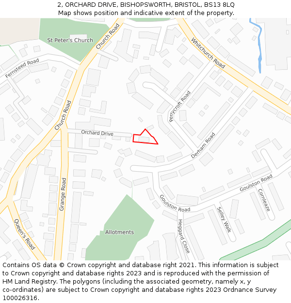 2, ORCHARD DRIVE, BISHOPSWORTH, BRISTOL, BS13 8LQ: Location map and indicative extent of plot