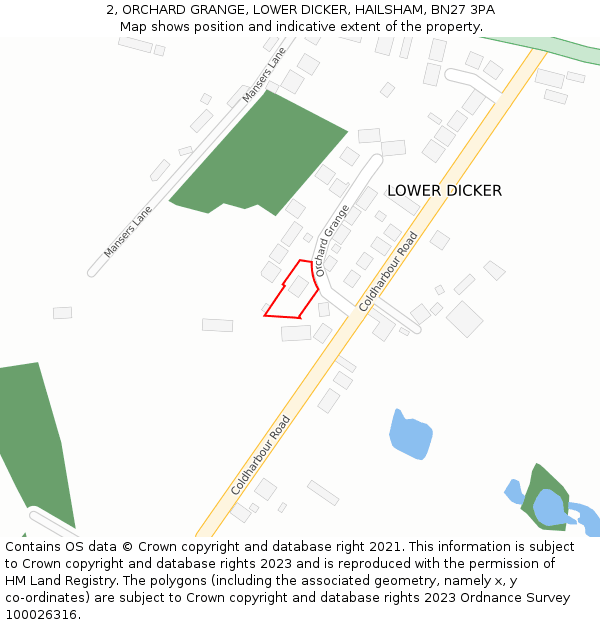2, ORCHARD GRANGE, LOWER DICKER, HAILSHAM, BN27 3PA: Location map and indicative extent of plot