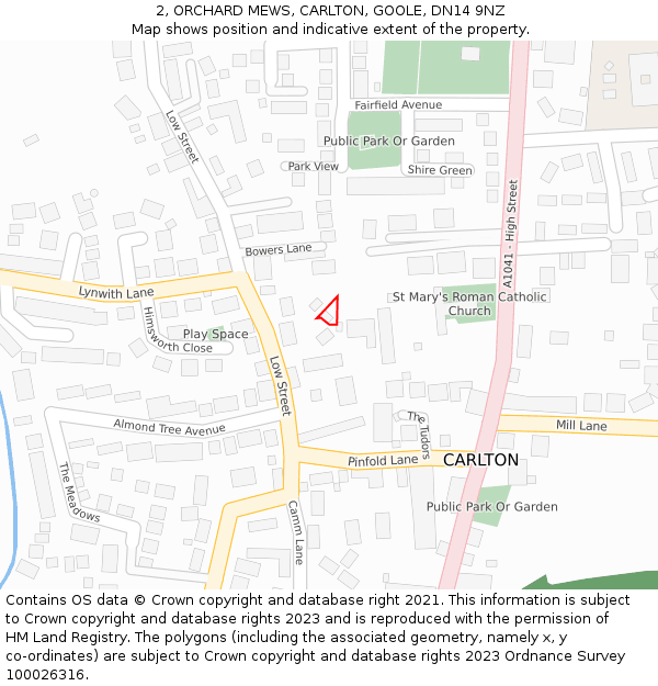 2, ORCHARD MEWS, CARLTON, GOOLE, DN14 9NZ: Location map and indicative extent of plot