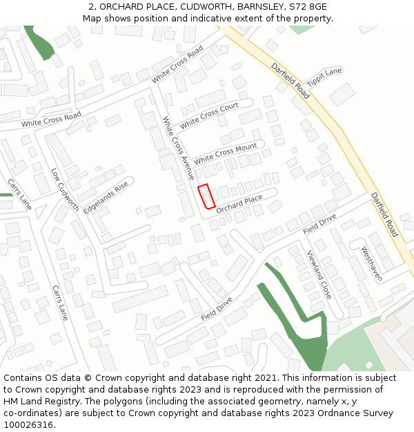 2, ORCHARD PLACE, CUDWORTH, BARNSLEY, S72 8GE: Location map and indicative extent of plot