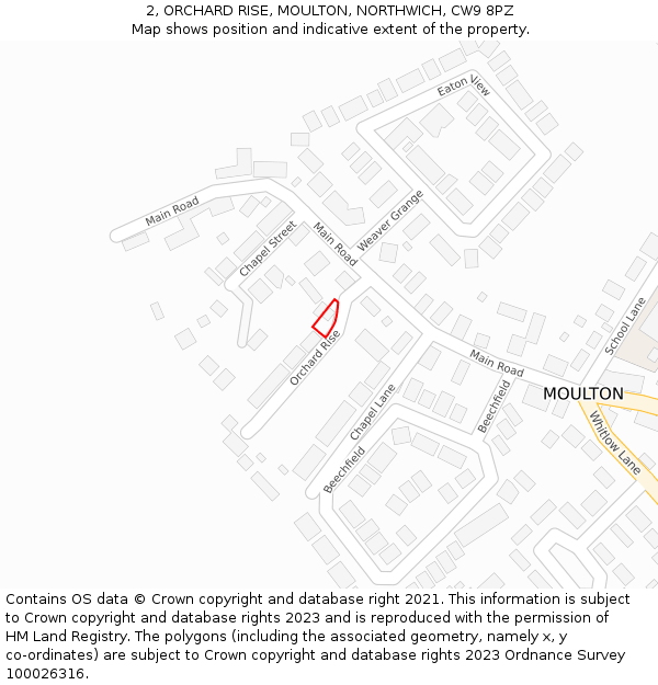 2, ORCHARD RISE, MOULTON, NORTHWICH, CW9 8PZ: Location map and indicative extent of plot