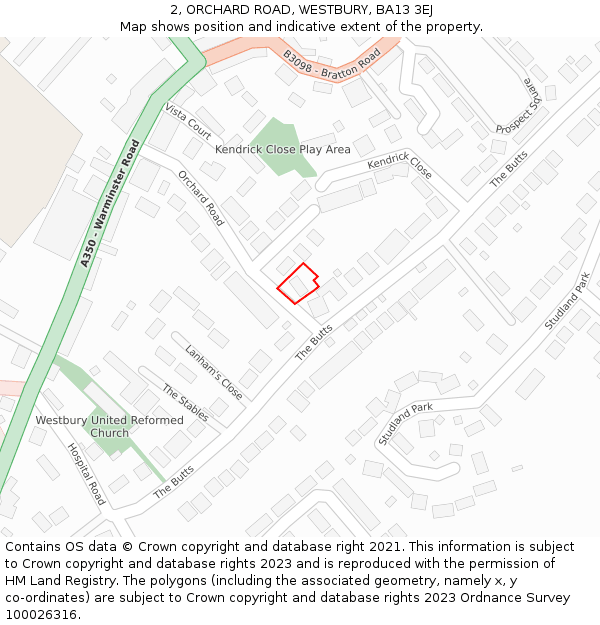 2, ORCHARD ROAD, WESTBURY, BA13 3EJ: Location map and indicative extent of plot