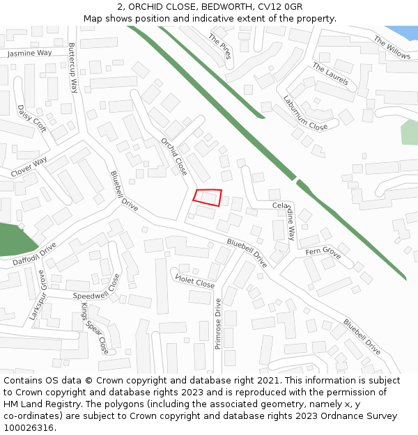 2, ORCHID CLOSE, BEDWORTH, CV12 0GR: Location map and indicative extent of plot