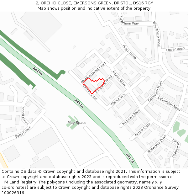 2, ORCHID CLOSE, EMERSONS GREEN, BRISTOL, BS16 7GY: Location map and indicative extent of plot