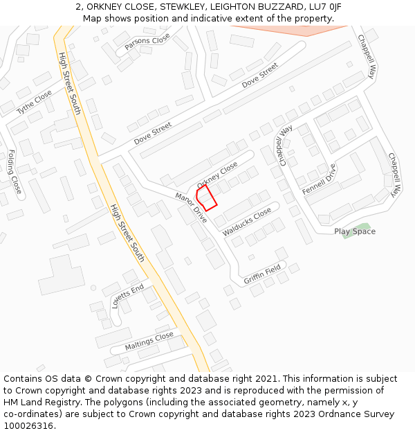 2, ORKNEY CLOSE, STEWKLEY, LEIGHTON BUZZARD, LU7 0JF: Location map and indicative extent of plot