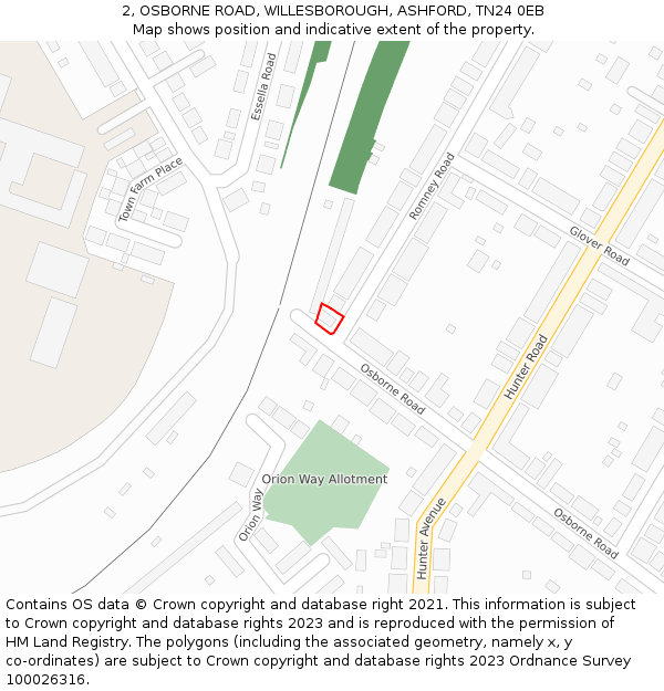 2, OSBORNE ROAD, WILLESBOROUGH, ASHFORD, TN24 0EB: Location map and indicative extent of plot