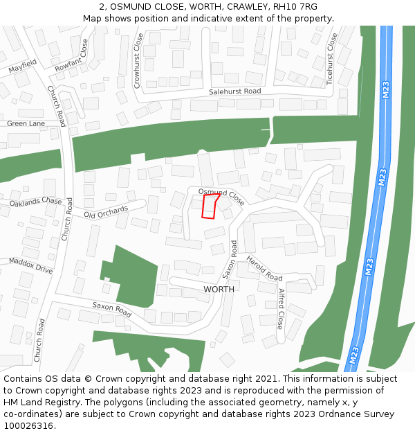 2, OSMUND CLOSE, WORTH, CRAWLEY, RH10 7RG: Location map and indicative extent of plot