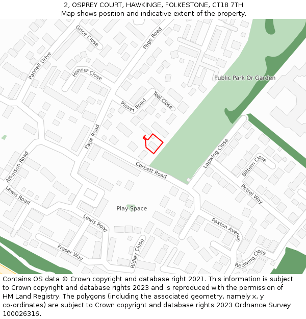 2, OSPREY COURT, HAWKINGE, FOLKESTONE, CT18 7TH: Location map and indicative extent of plot