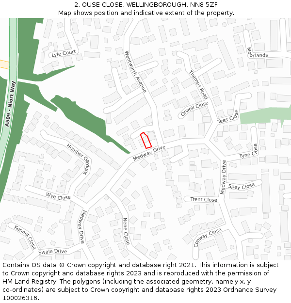 2, OUSE CLOSE, WELLINGBOROUGH, NN8 5ZF: Location map and indicative extent of plot