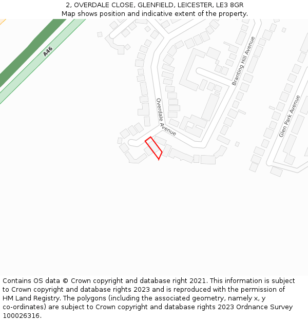 2, OVERDALE CLOSE, GLENFIELD, LEICESTER, LE3 8GR: Location map and indicative extent of plot