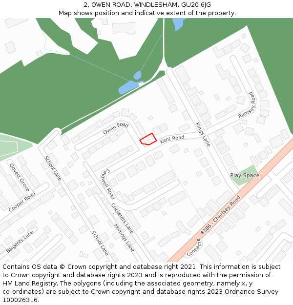 2, OWEN ROAD, WINDLESHAM, GU20 6JG: Location map and indicative extent of plot