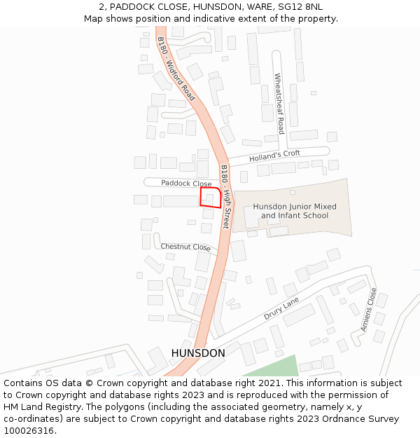 2, PADDOCK CLOSE, HUNSDON, WARE, SG12 8NL: Location map and indicative extent of plot