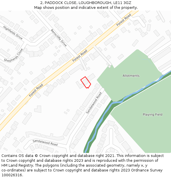 2, PADDOCK CLOSE, LOUGHBOROUGH, LE11 3GZ: Location map and indicative extent of plot
