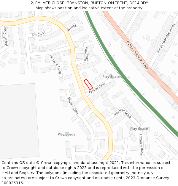 2, PALMER CLOSE, BRANSTON, BURTON-ON-TRENT, DE14 3DY: Location map and indicative extent of plot