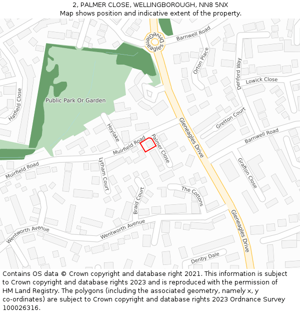 2, PALMER CLOSE, WELLINGBOROUGH, NN8 5NX: Location map and indicative extent of plot