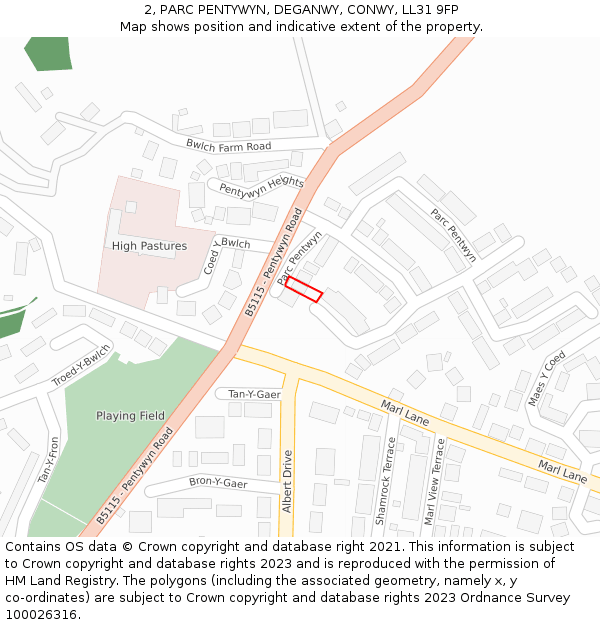 2, PARC PENTYWYN, DEGANWY, CONWY, LL31 9FP: Location map and indicative extent of plot