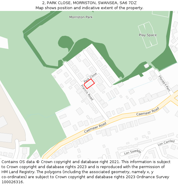 2, PARK CLOSE, MORRISTON, SWANSEA, SA6 7DZ: Location map and indicative extent of plot