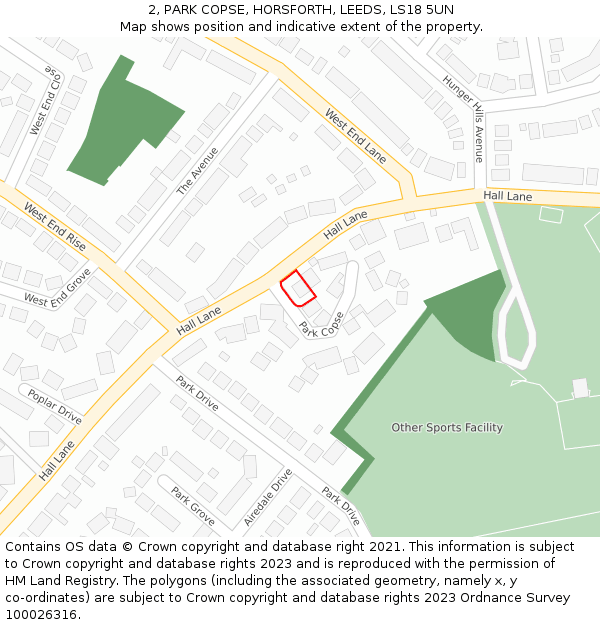 2, PARK COPSE, HORSFORTH, LEEDS, LS18 5UN: Location map and indicative extent of plot