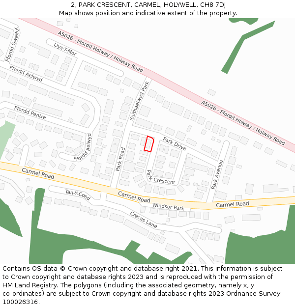 2, PARK CRESCENT, CARMEL, HOLYWELL, CH8 7DJ: Location map and indicative extent of plot