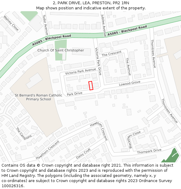 2, PARK DRIVE, LEA, PRESTON, PR2 1RN: Location map and indicative extent of plot