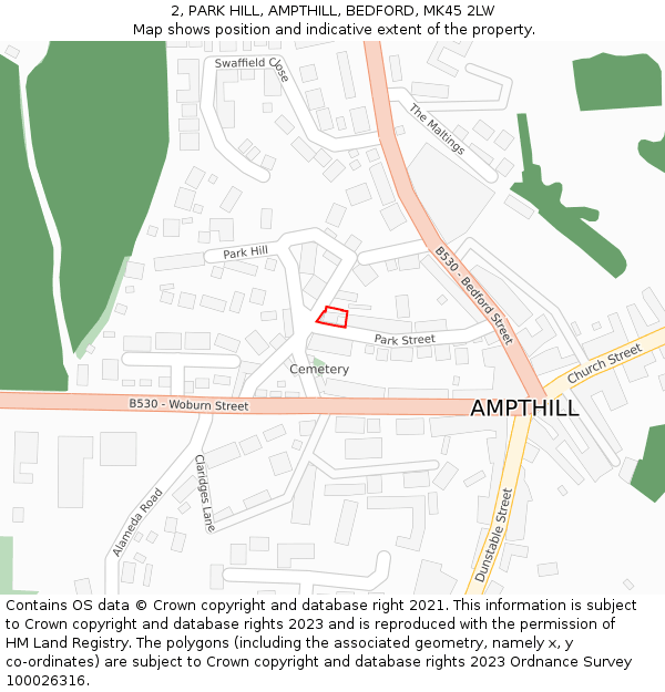 2, PARK HILL, AMPTHILL, BEDFORD, MK45 2LW: Location map and indicative extent of plot