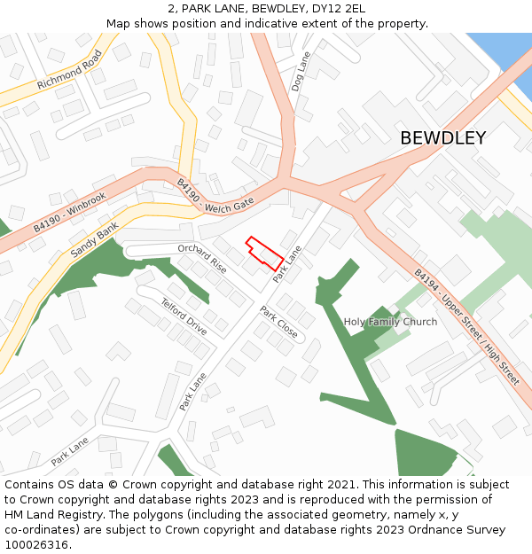 2, PARK LANE, BEWDLEY, DY12 2EL: Location map and indicative extent of plot