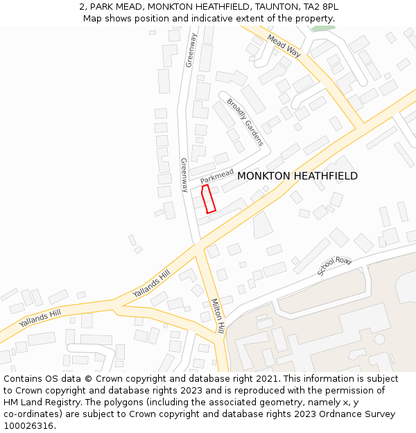 2, PARK MEAD, MONKTON HEATHFIELD, TAUNTON, TA2 8PL: Location map and indicative extent of plot