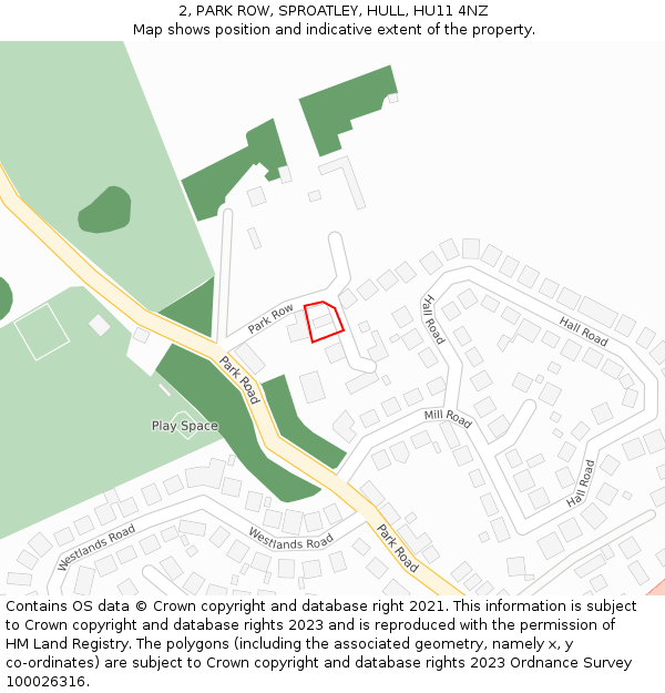 2, PARK ROW, SPROATLEY, HULL, HU11 4NZ: Location map and indicative extent of plot