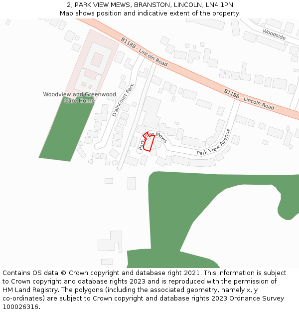2, PARK VIEW MEWS, BRANSTON, LINCOLN, LN4 1PN: Location map and indicative extent of plot