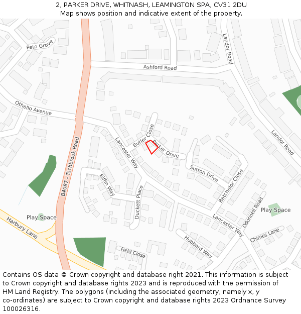 2, PARKER DRIVE, WHITNASH, LEAMINGTON SPA, CV31 2DU: Location map and indicative extent of plot