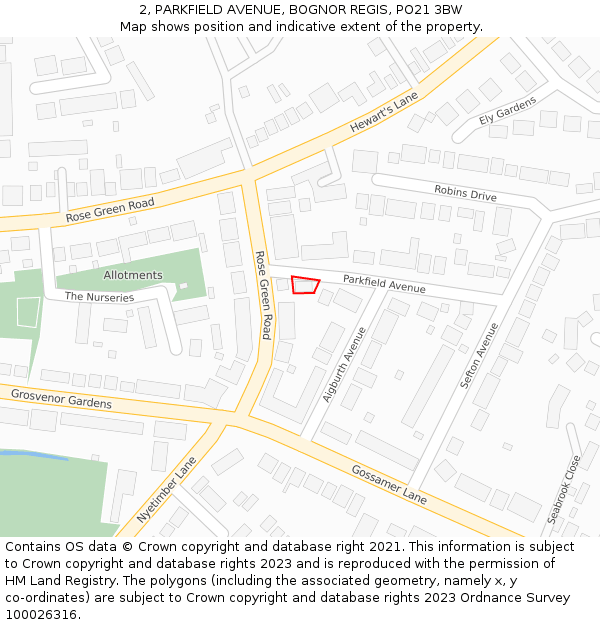 2, PARKFIELD AVENUE, BOGNOR REGIS, PO21 3BW: Location map and indicative extent of plot