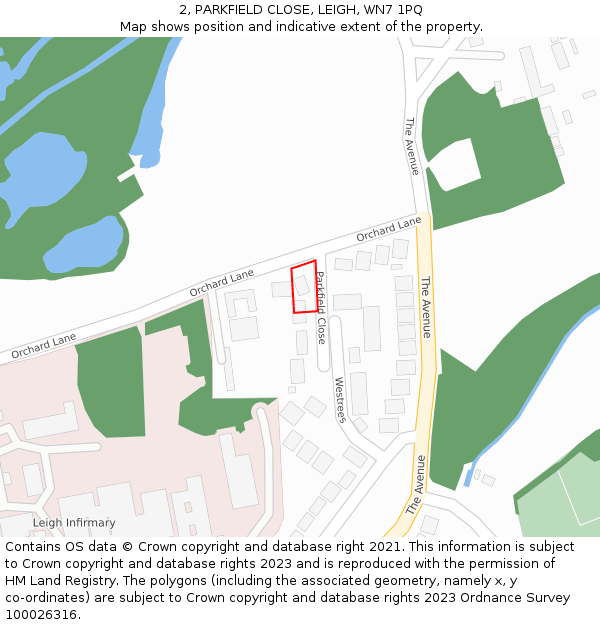 2, PARKFIELD CLOSE, LEIGH, WN7 1PQ: Location map and indicative extent of plot