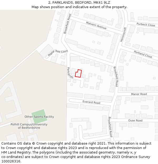 2, PARKLANDS, BEDFORD, MK41 9LZ: Location map and indicative extent of plot