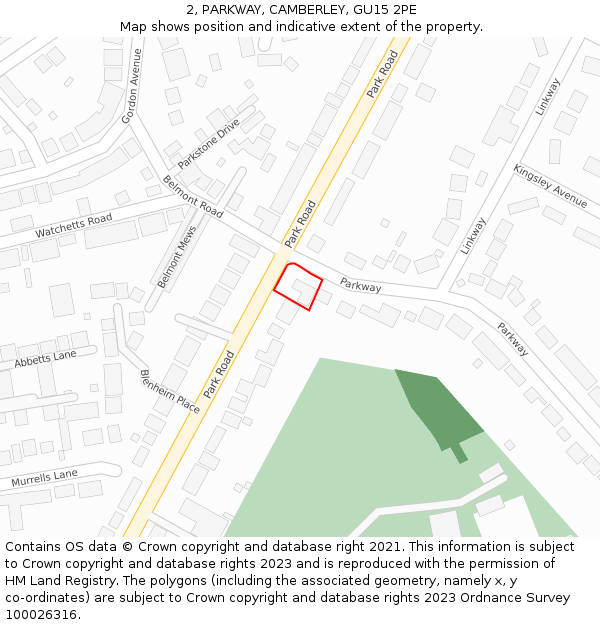 2, PARKWAY, CAMBERLEY, GU15 2PE: Location map and indicative extent of plot