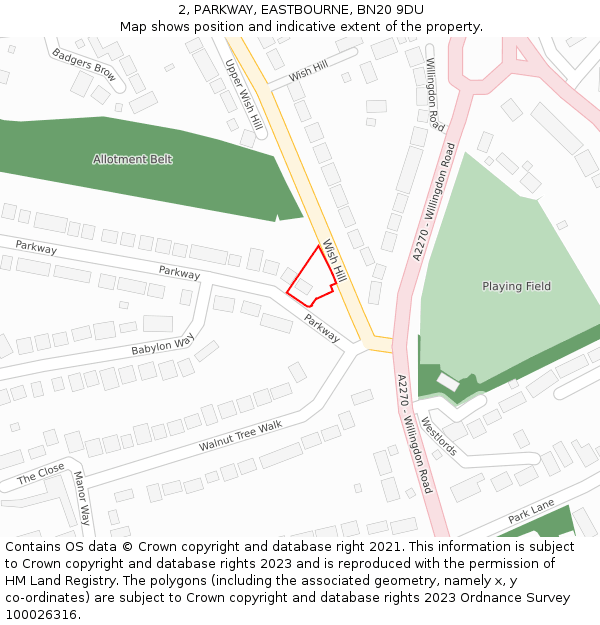 2, PARKWAY, EASTBOURNE, BN20 9DU: Location map and indicative extent of plot