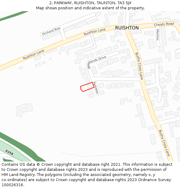 2, PARKWAY, RUISHTON, TAUNTON, TA3 5JX: Location map and indicative extent of plot