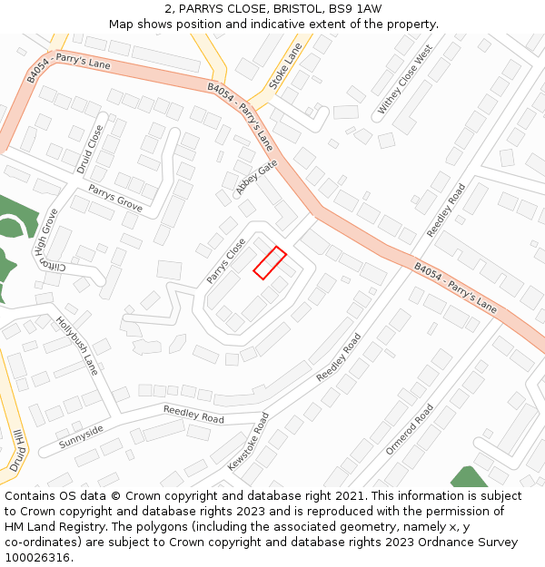 2, PARRYS CLOSE, BRISTOL, BS9 1AW: Location map and indicative extent of plot