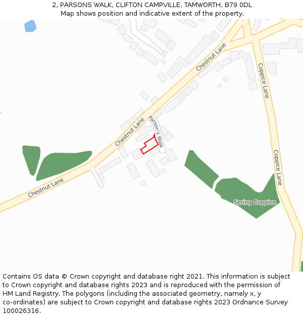 2, PARSONS WALK, CLIFTON CAMPVILLE, TAMWORTH, B79 0DL: Location map and indicative extent of plot